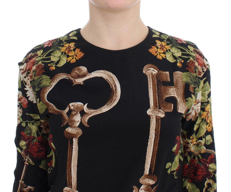 Dolce & Gabbana Black Key Floral Print Silk Blouse Top