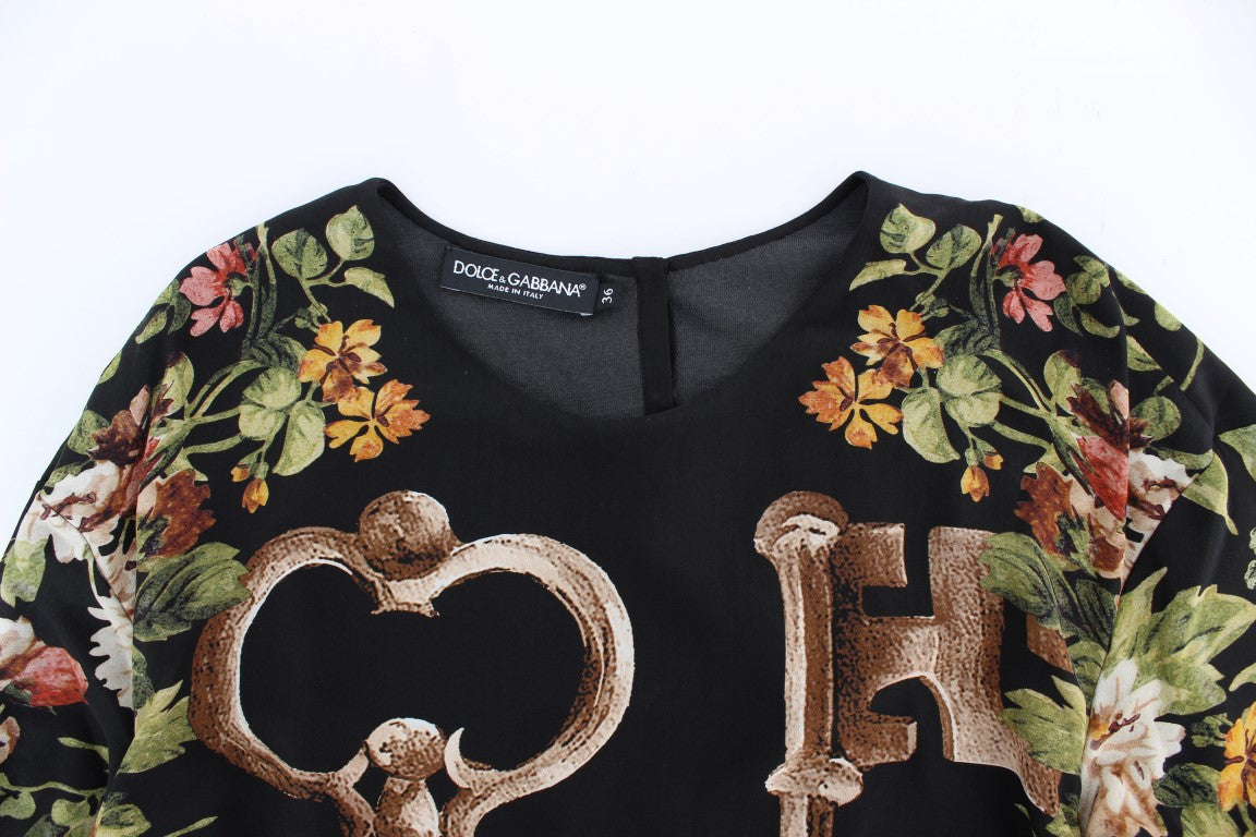 Dolce & Gabbana Black Key Floral Print Silk Blouse Top