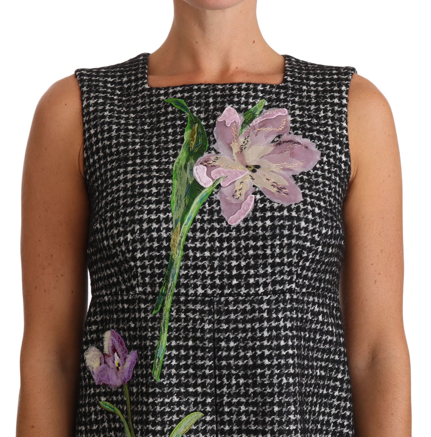 Dolce & Gabbana Grey Houndstooth Floral Appliqué Shift Mini Dress