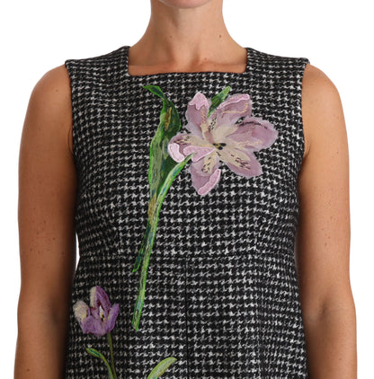 Dolce & Gabbana Grey Houndstooth Floral Appliqué Shift Mini Dress