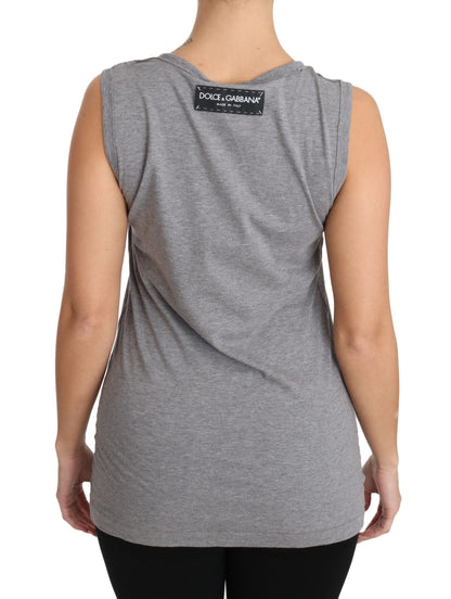 Dolce &amp; Gabbana – Graues Tanktop mit Kristall-Pailletten-Herz-T-Shirt