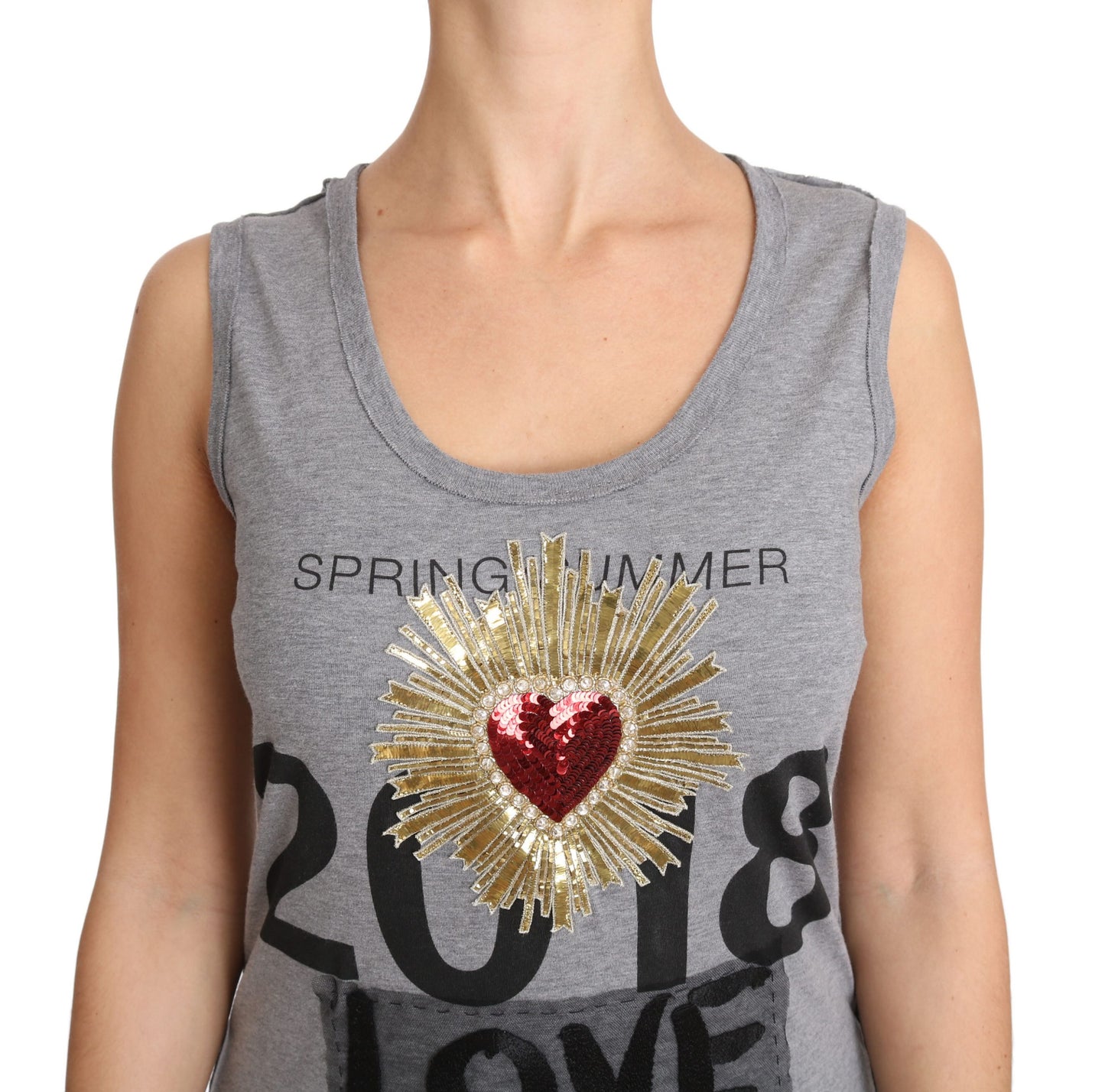 Dolce &amp; Gabbana – Graues Tanktop mit Kristall-Pailletten-Herz-T-Shirt