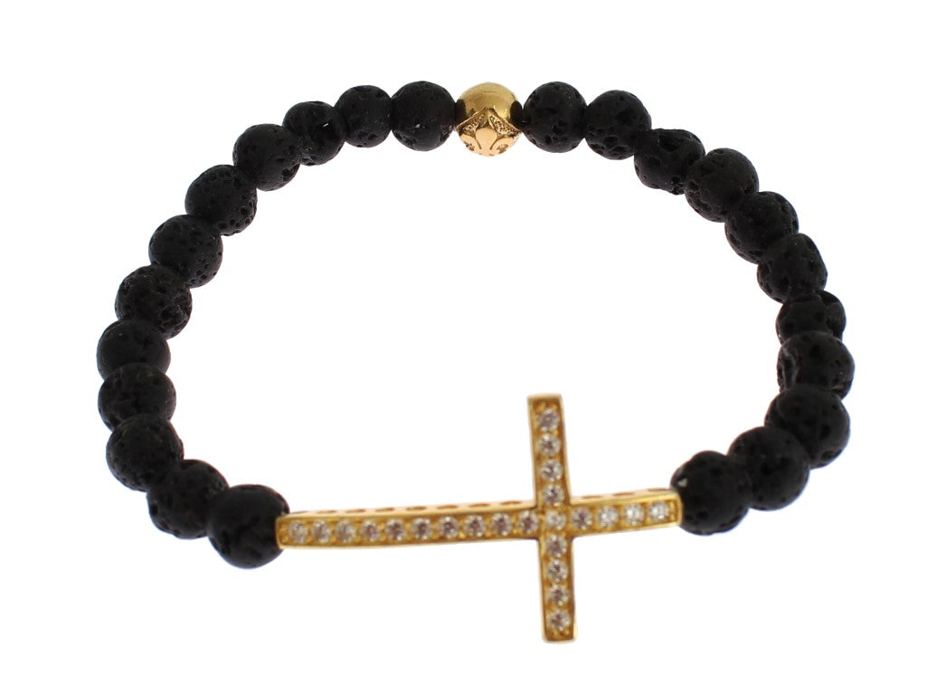 Nialaya 용암 석재 금색 CZ Cross 925 Silver Bracelet