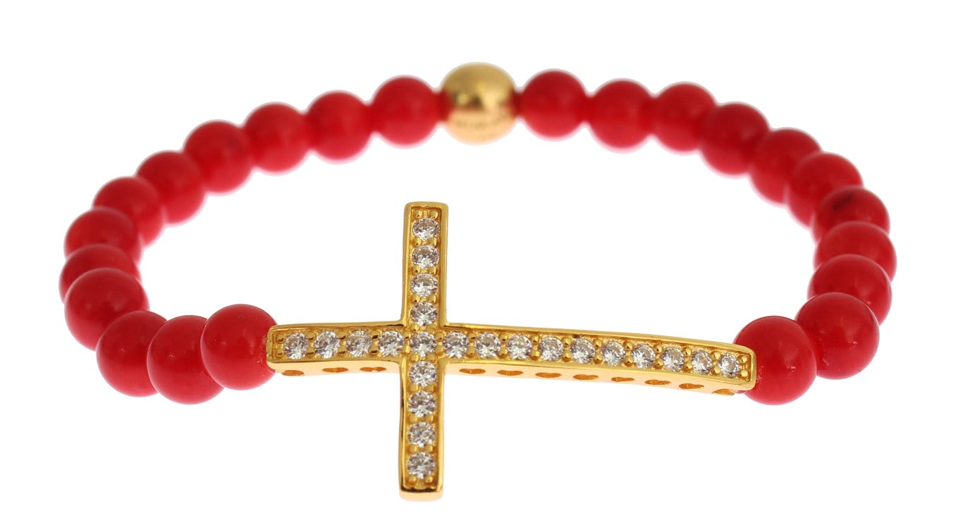 Nialaya Red Coral Gold CZ Cross 925 Silver Bracelet