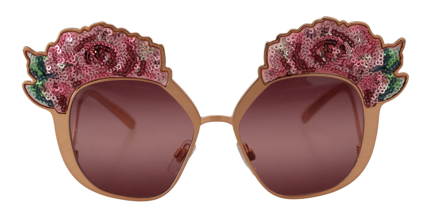 Dolce &amp; Gabbana Sonnenbrille DG2202 mit rosafarbener Gold- und Rosen-Paillettenstickerei