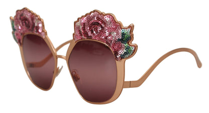 Dolce &amp; Gabbana Sonnenbrille DG2202 mit rosafarbener Gold- und Rosen-Paillettenstickerei