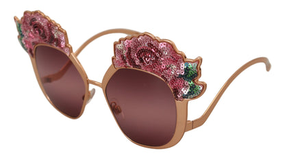 Dolce &amp; Gabbana Sonnenbrille DG2202 mit rosafarbener Gold- und Rosen-Paillettenstickerei