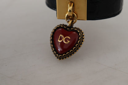 Dolce & Gabbana Black Dauphine 가죽 DG 하트 키 링 브레이슬릿